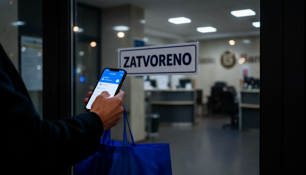 Digitalni novčanik u ruci naspram zatvorene banke