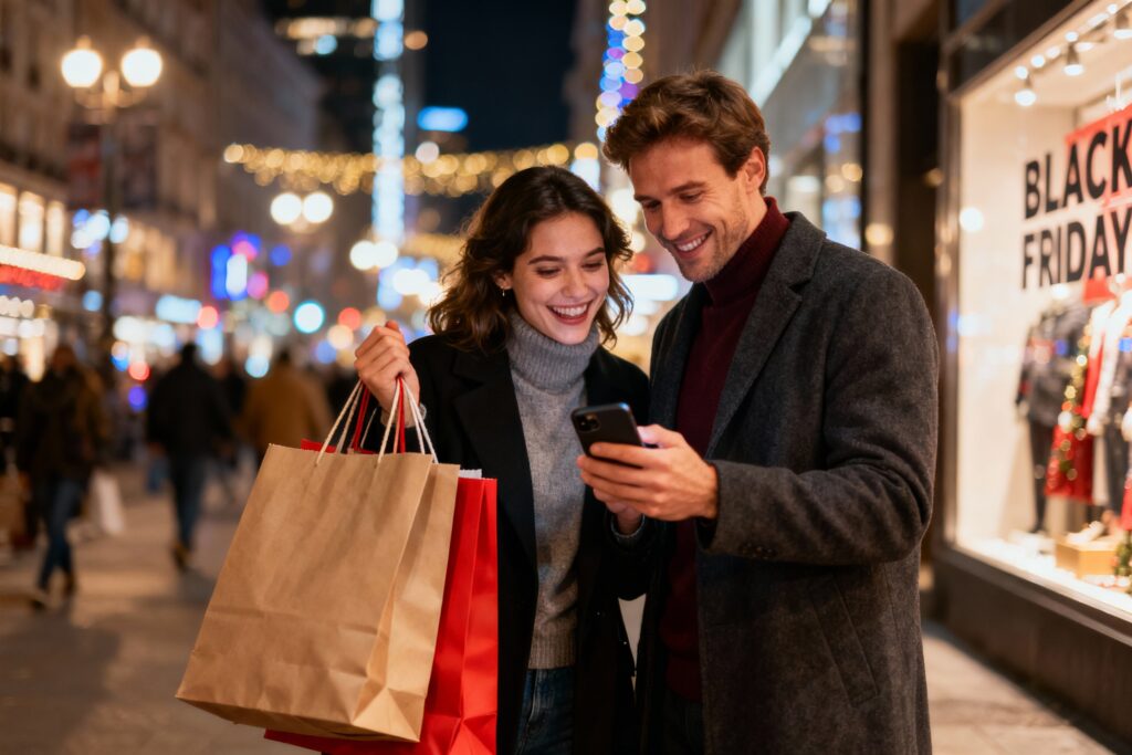 Muškarac i žena nakon black friday kupovine
